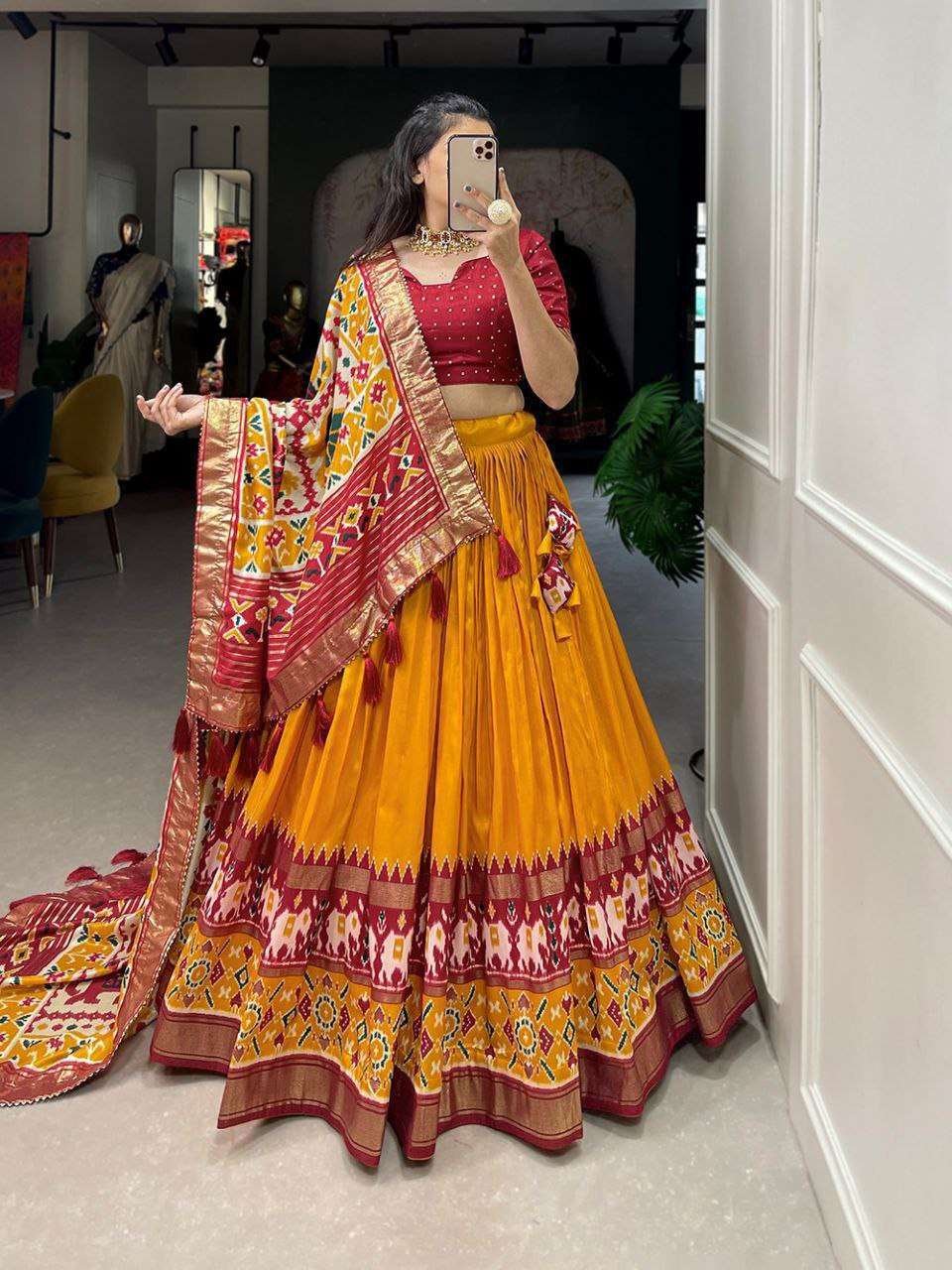 Women's Tussar Silk Patola Print Lehenga Choli Dupatta Set